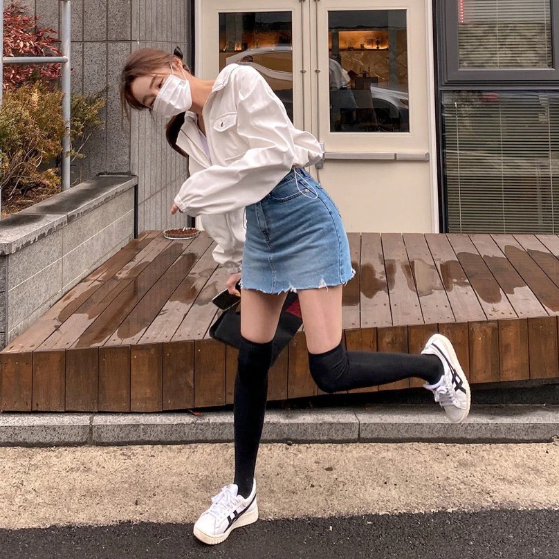 [60kg-90kg] Quần váy jeans BigSize co dãn mạnh phom chữ A, lưng cao trên rốn, có quần trong, màu xanh nhạt rách 4319