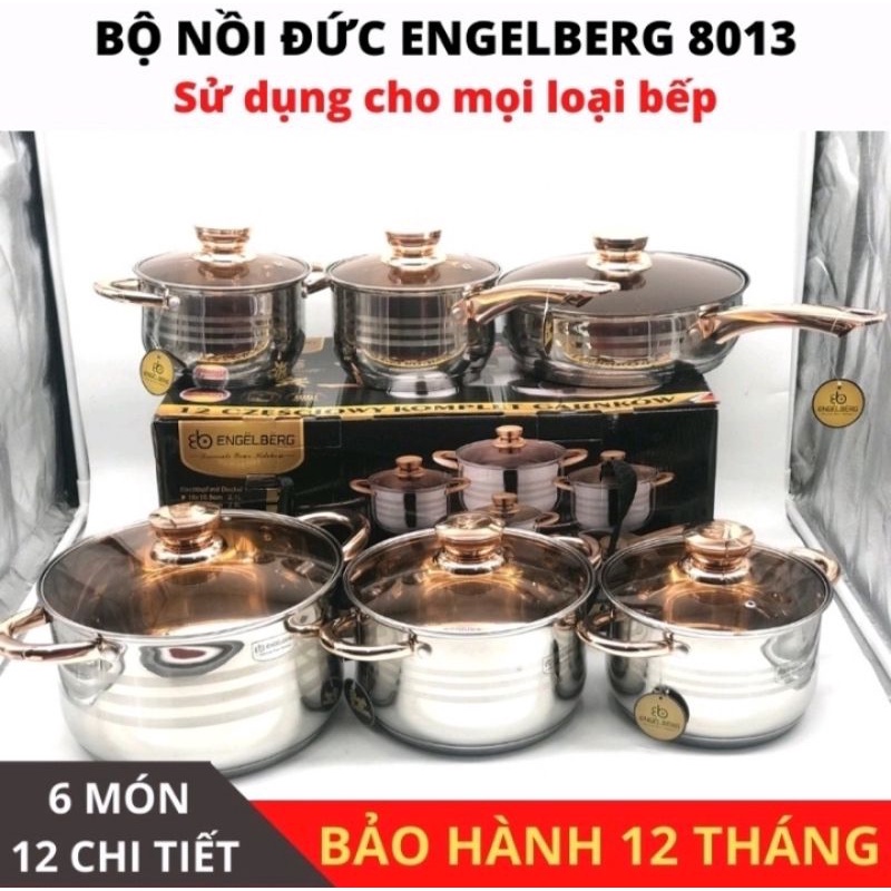 Bộ nồi đức 6 chiếc engelberg vung kính, nồi inox 304 chính hãng công nghệ đức bếp từ, bếp ga, bếp hồng ngoại