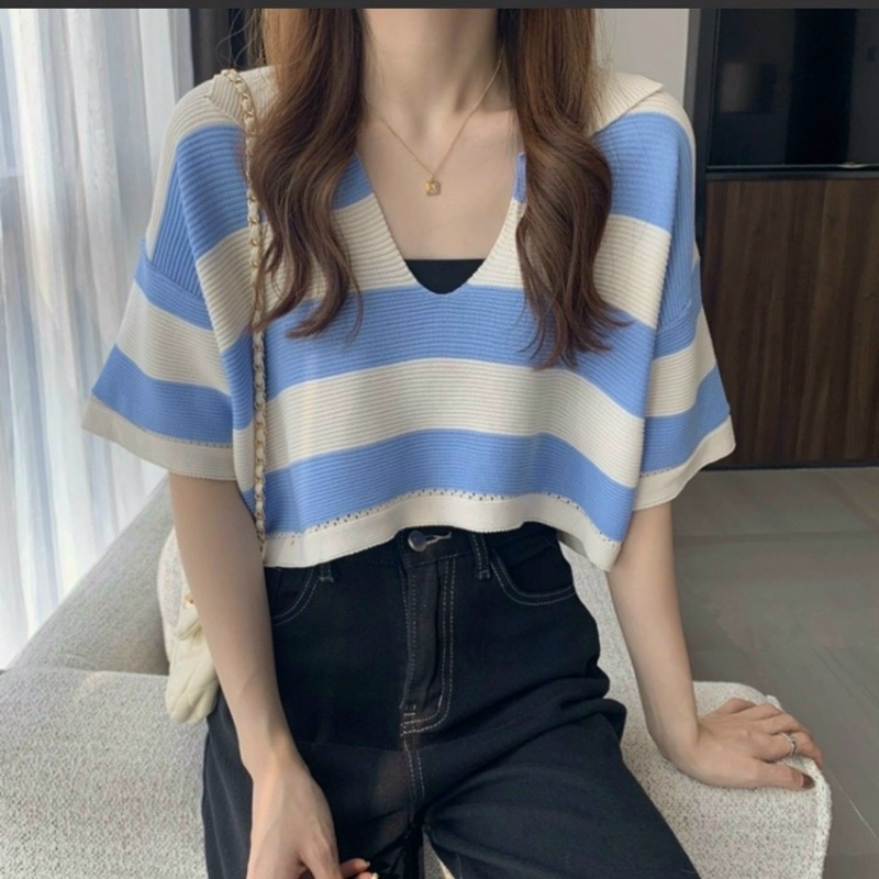 Áo montoghi kẻ cổ bẻ khoét Quảng Châu dáng croptop LEN SỌC