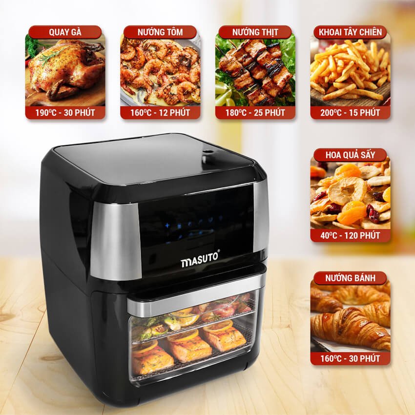 Nồi Chiên Không Dầu Masuto Air Fryer 12L Cảm biến Cảm ứng Thông Minh , tặng gang tay chiu nhiệt , giảm 90% chất béo