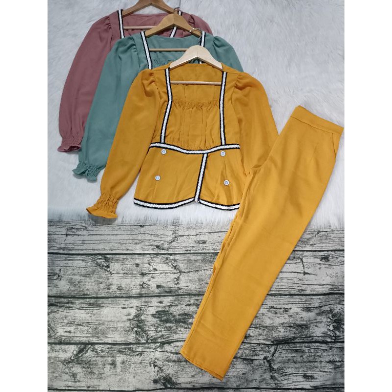 Set bộ tay dài cổ vuông phối viền trắng nút quần ống suông nhỏ bigsize 40-72kg | BigBuy360 - bigbuy360.vn