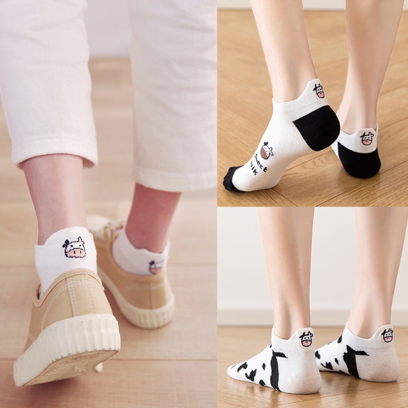 XIXI Set 5 Đôi Tất Cotton Cổ Thấp In Họa Tiết Bò Sữa Hoạt Hình Thời Trang Mùa Hè Cho Nữ