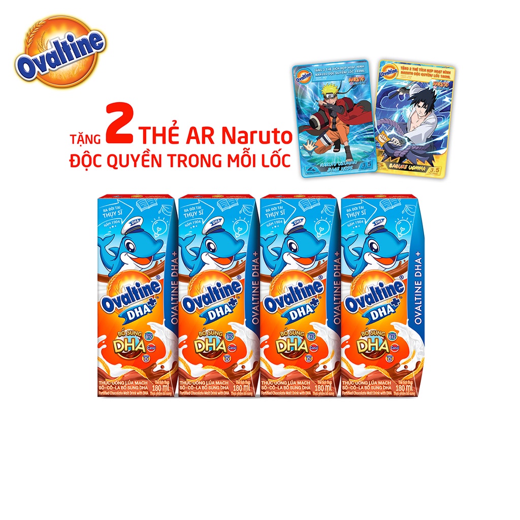 (NEW_Tặng 2 thẻ AR Naruto trong mỗi lốc) Thùng 12 lốc thức uống lúa mạch hương vị sô-cô-la Ovaltine DHA+ hộp giấy 180mlx