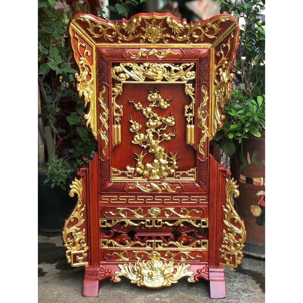 Giá Gương Thờ Gia Tiên Trạm Cây Tùng Gỗ Hương Cao 81 Rộng 56cm