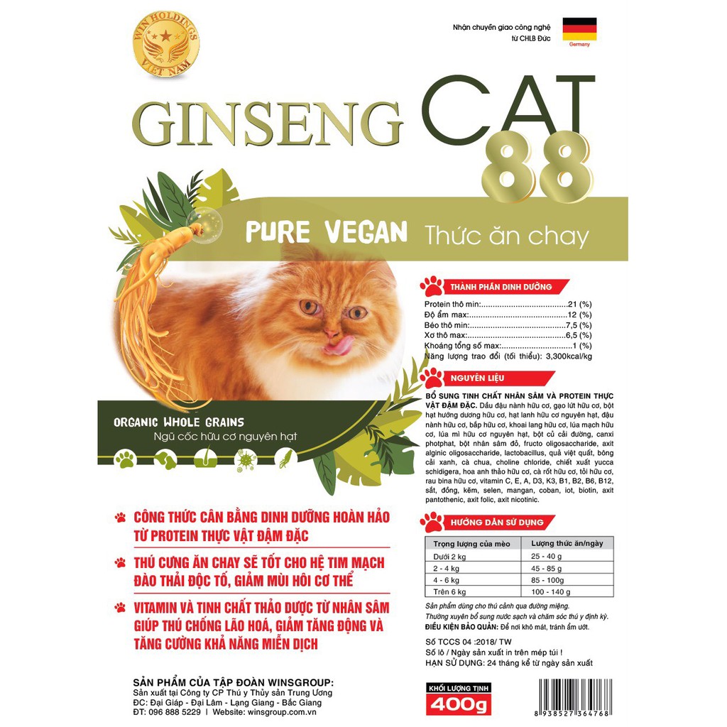 THỨC ĂN HẠT CHAY VEGAN CHO MÈO GINSENG CAT 88