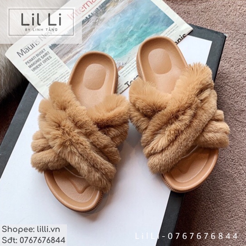 Dép lông quai ngang quai chéo lông xù bản to cao cấp mang trong nhà, văn phòng, đi chơi