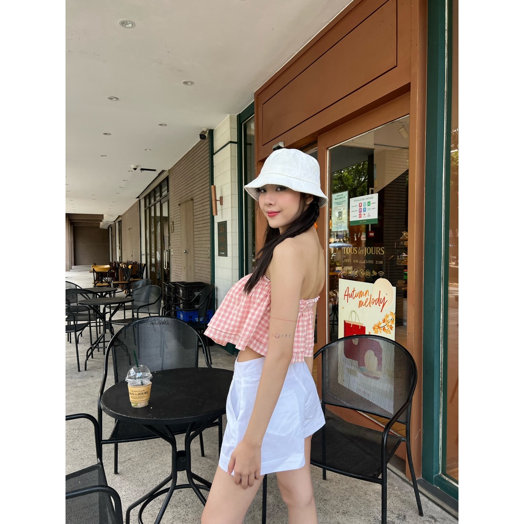 TRIPIEM - Áo croptop hai dây caro hồng viền bèo 2 tầng Pinky Top