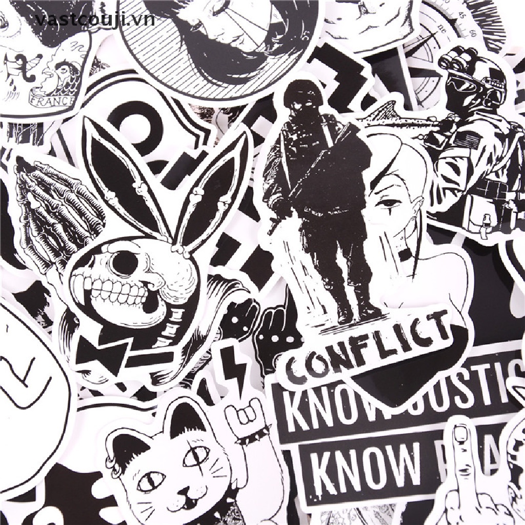 Set 100 Sticker Màu Trắng Đen Trang Trí Ván Trượt / Laptop / Vali Chất Liệu PVC