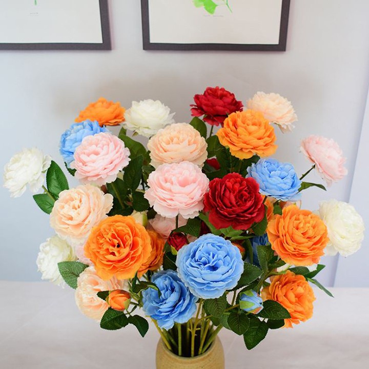 Hoa giả - Hoa hồng Lụa Lucas cao cấp 65cm 2 bông 1 nụ trang trí nhà cửa, nội thất, cửa tiệm,..