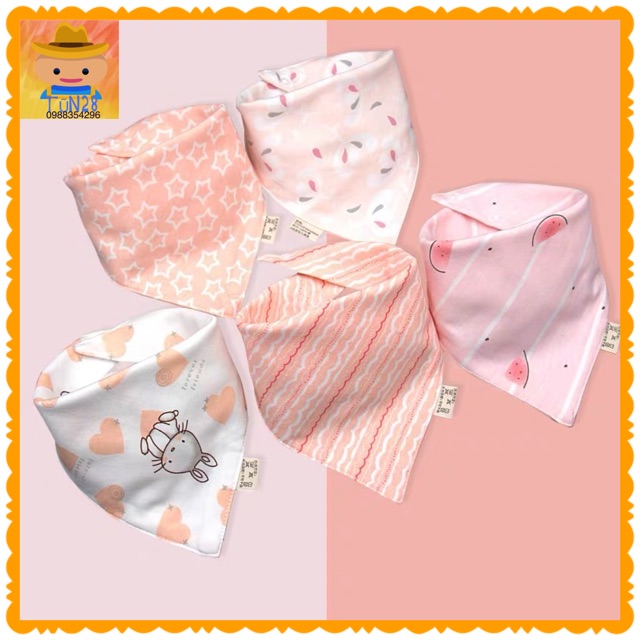 SET 5 KHĂN YẾM TAM GIÁC COTTON 2 LỚP CÓ CÚC BẤM ( tặng kèm Tất)