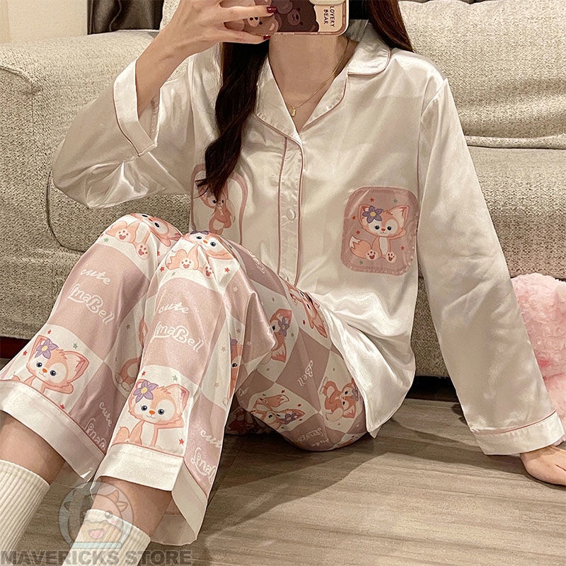 Bộ Đồ Ngủ Tay Dài Vải Lụa Mát Thời Trang Xuân Thu Cho Nữ