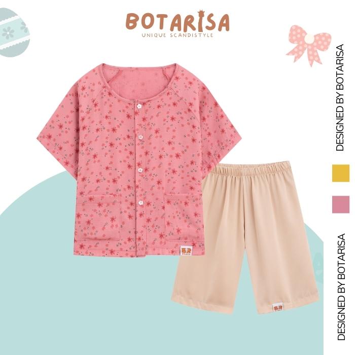 Bộ quần áo bà ba lửng kèm khăn BOTARISA set hoa nhí chất vải đũi kết hợp lụa xinh xắn cho bé gái 10-30kg