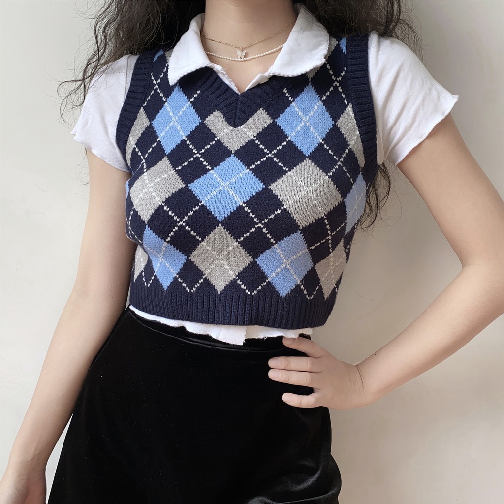 Áo len gile nữ sinh Hàn Quốc trung học châu Âu năng động trẻ trung ôm người tôn dáng croptop dạo phố giảm tuổi cổ V