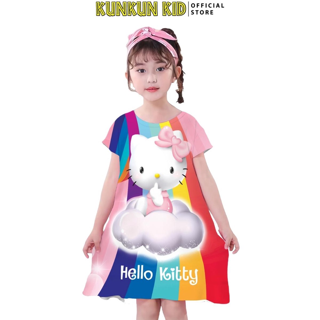 Đầm bé gái thun lạnh in 3d mèo hello kitty Kunkun Kid D941