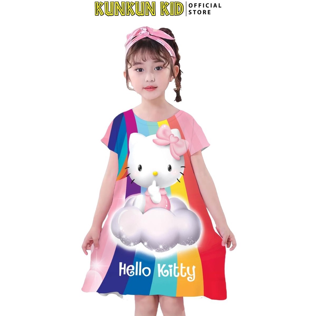 Váy bé gái thun lạnh in 3d mèo hello kitty Kunkun Kid D941