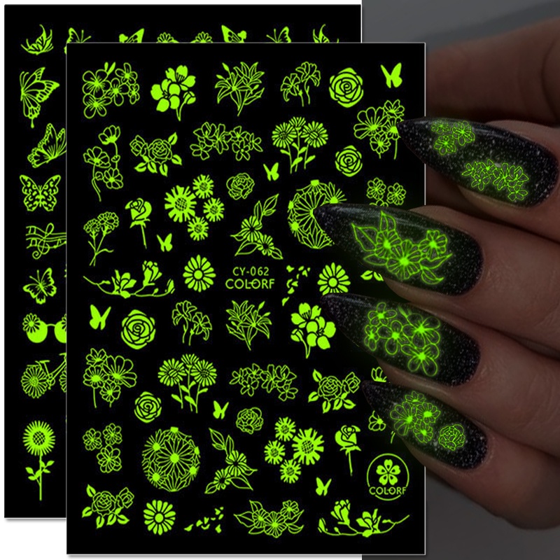 Nhãn Dán Móng Tay 3D Dạ Quang Hình Hoa Lá Bướm Thiên Thần
