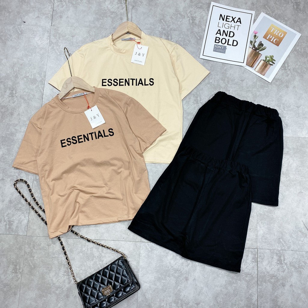 Set bộ đồ nữ áo phông chữ ESS mix quân legging lửng | BigBuy360 - bigbuy360.vn