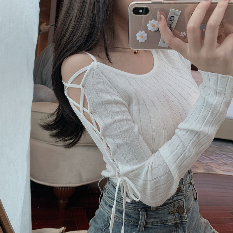 NEW Áo Thun Gân Tay Dài Thiết Kế Hở Vai Quyến Rũ Cho Nữ 2020