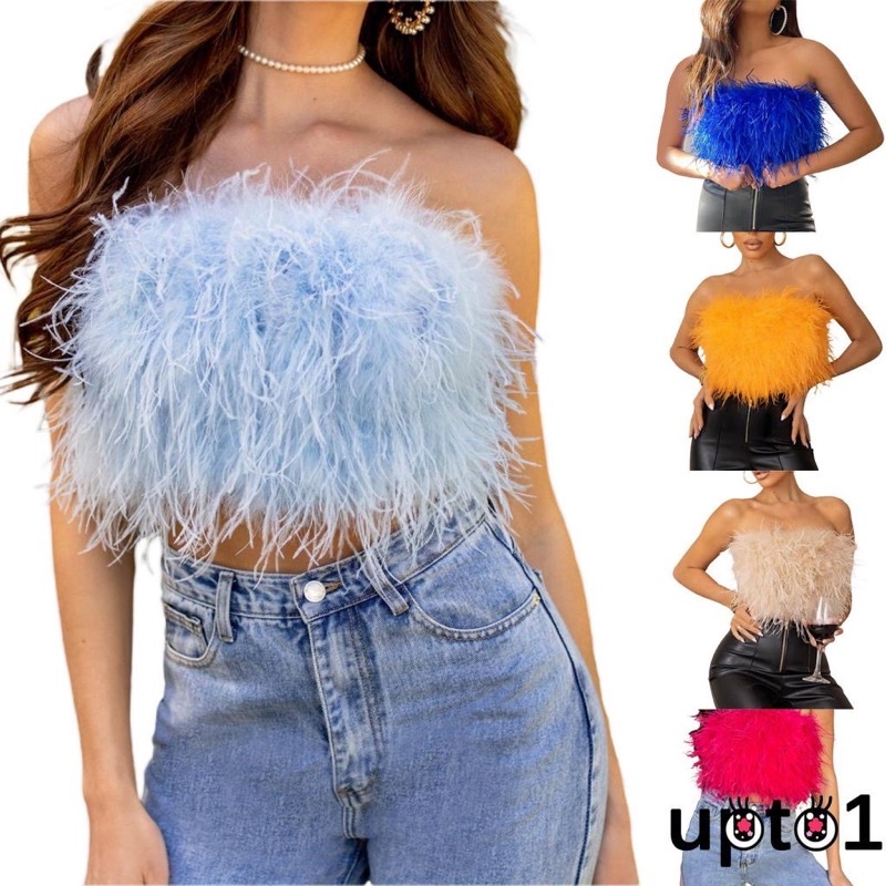 Áo Ống Croptop Không Tay Hở Lưng Phối Lông Lưng Nhún Màu Sắc Trơn Thời Trang Cho Nữ