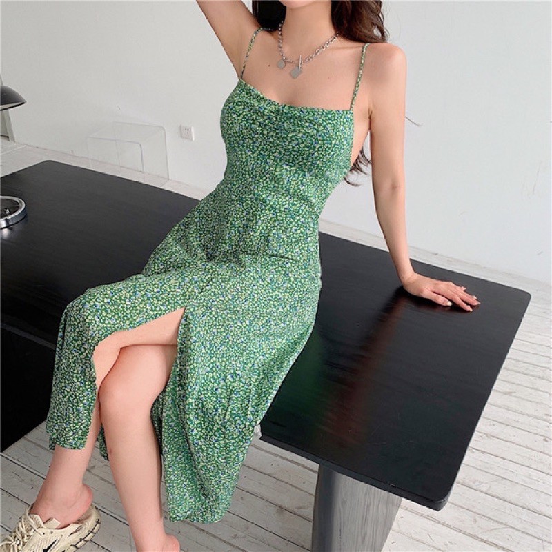 Đầm maxi hoa 2 dây xẻ tà ulzzang / đầm 2 dây hoa nhí hở lưng phong cách vintage