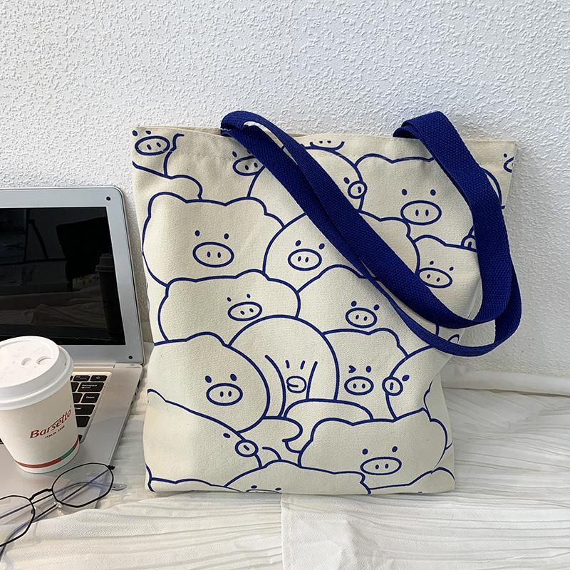 Túi Tote Canvas Họa Tiết Heo Béo Cute Xanh Dương