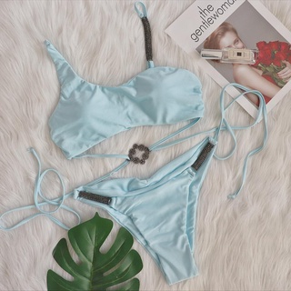 Set bikini xanh blue mix đá khuy ngực đan dây eo