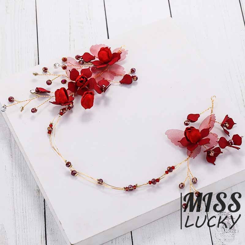 Cài tóc trang trí hoa đỏ đính đá xinh xắn cho cô dâu