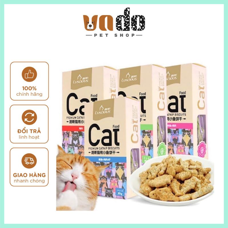 BÁNH THƯỞNG CHO MÈO LUSCIOUS CAO CẤP HỘP 80G(LUSCIUS/ LUSSI), BÁNH QUY CATNIP TIÊU BÚI LÔNG HAIRBALL