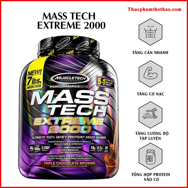 Sữa tăng cân Mass Tech Extreme 2000 7lbs (3.18Kg) - Muscletech USA - Mùi Chocolate, Vani - Kèm quà tặng