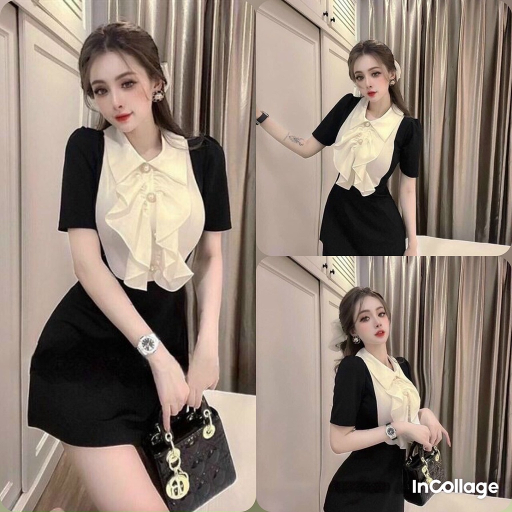 Đầm váy nữ dự tiệc tay ngắn họa tiết trước ngực phối bèo sang trọng tôn dáng trẻ trung thanh lịch