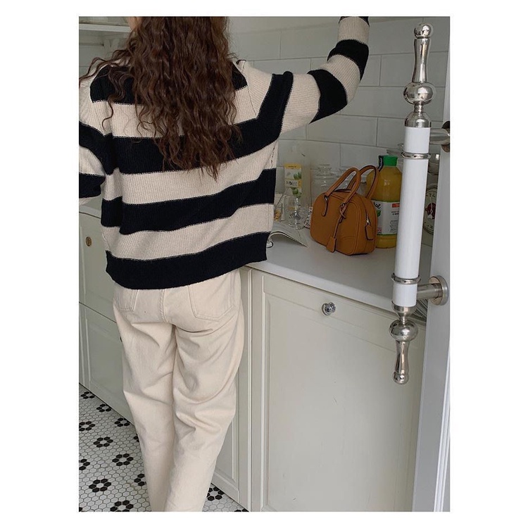 Áo cardigan Dệt Kim Ngắn Tay Cổ Tròn Họa Tiết Kẻ Sọc Trắng Đen Đơn Giản Phong Cách Hàn Quốc Dễ Phối Đồ