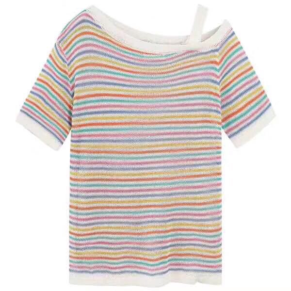  Silk Panya T-shirt Wind Shoulder Knitted Summer Inclined Rainbow 2019 Stripe Top Dress Ice Short New Sleeve Thin of | BigBuy360 - bigbuy360.vn