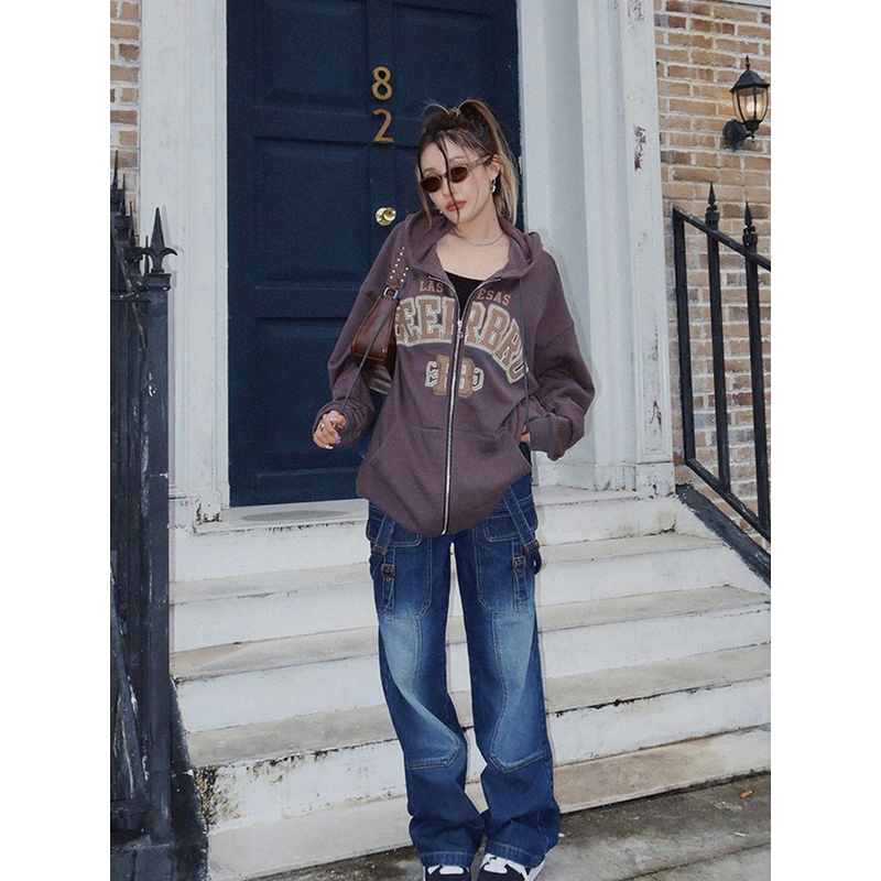 Áo Khoác Cardigan Có Mũ Trùm Bằng Vải Nỉ In Họa Tiết Phong Cách Retro Mỹ Thời Trang 2022 Mới Cho Nữ