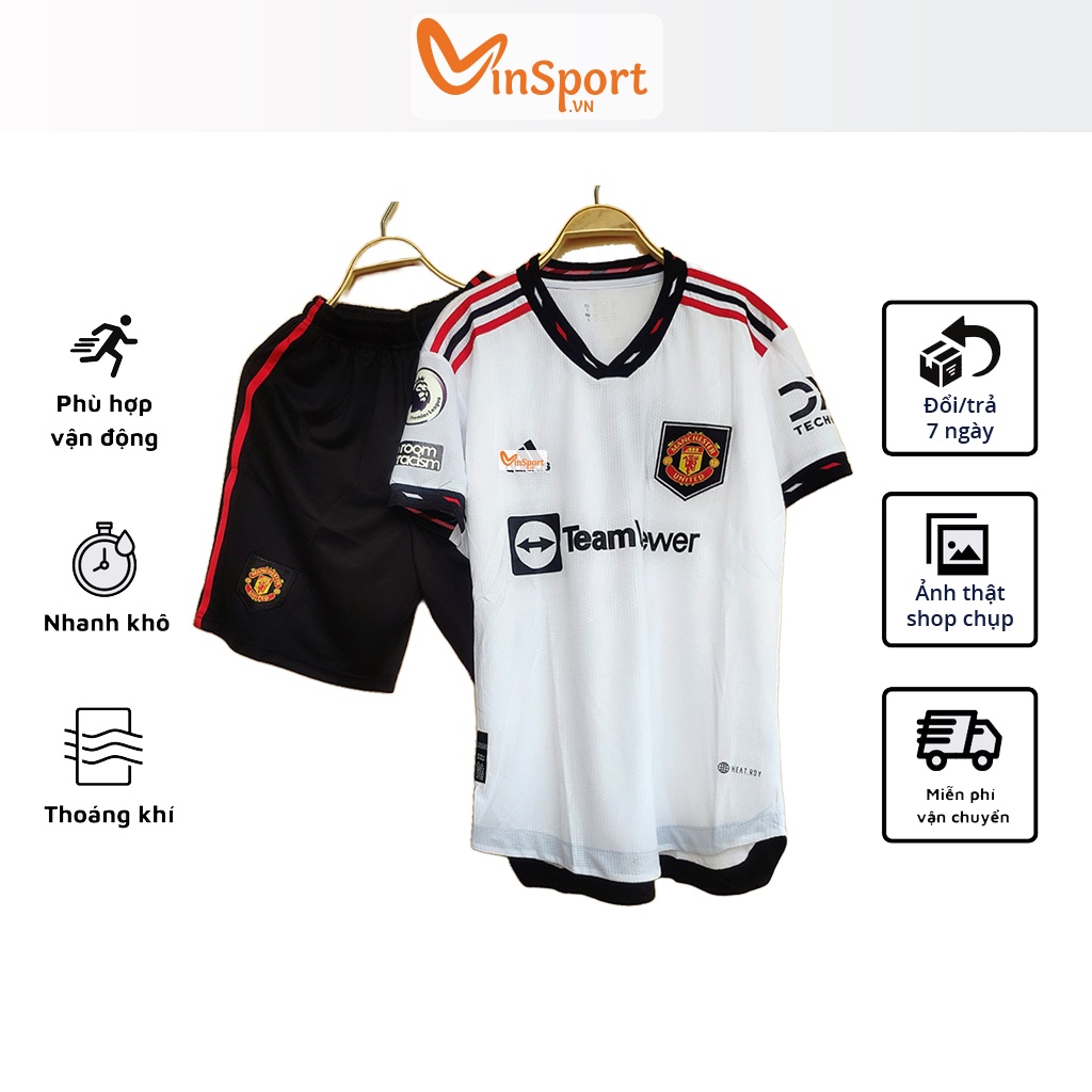 Logo das thêu chuẩn thái - Bộ quần áo thể thao bóng đá CLB MU 2023 sân khách màu trắng full logo thêu