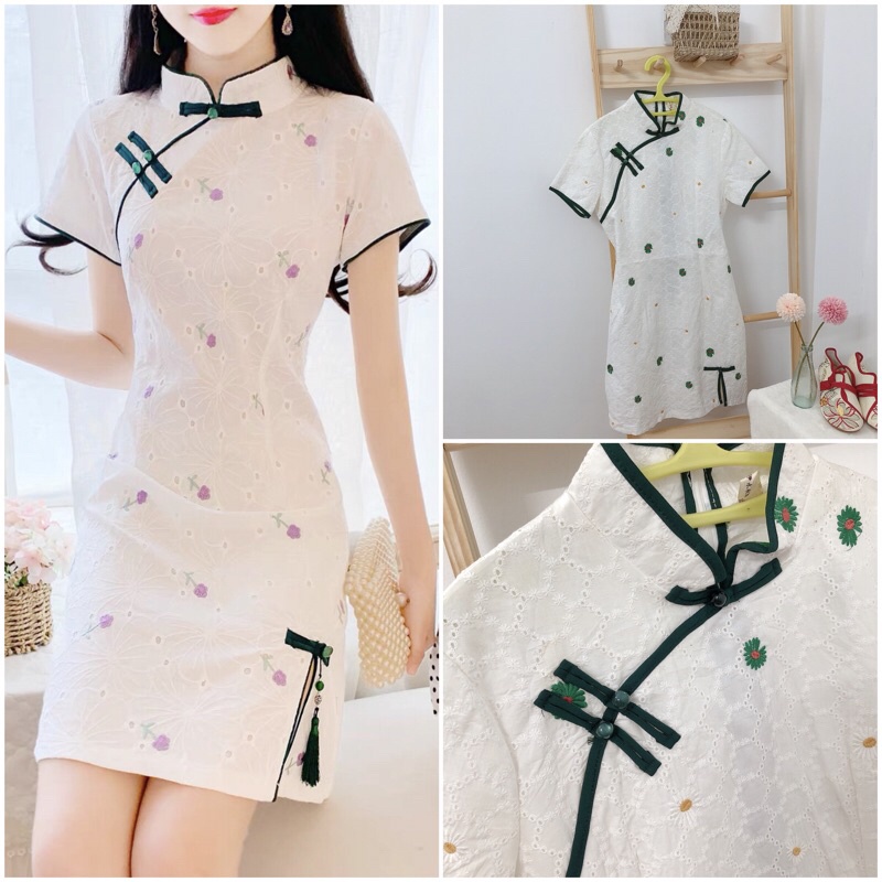 Sườn xám trắng hoa hột tiểu thư