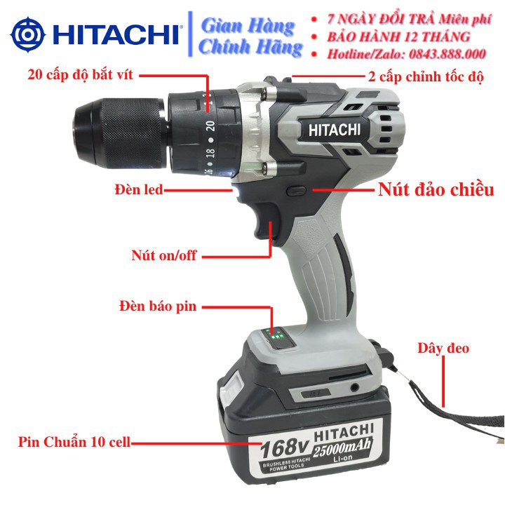 [CHÍNH HÃNG] Máy Khoan Pin Hitachi Không Chổi Than Đầu 13 ly Có Chức năng Búa Pin 168V 16000mAh - Tiết Kiệm Chi Phí - Hi