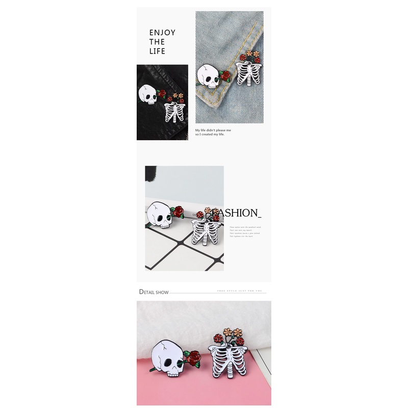 Ghim cài áo hình bộ xương/ đầu lâu phối hoa phong cách punk thời trang cho nam và nữ