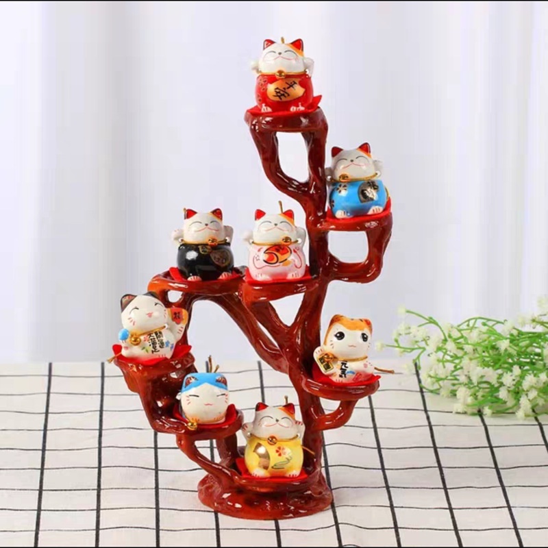 (hàng sẳn TP.HCM) Bộ kệ nhựa hình cây trưng bày Mèo thần tài sứ, trang trí bàn làm việc, quà tặng mừng khai trương.