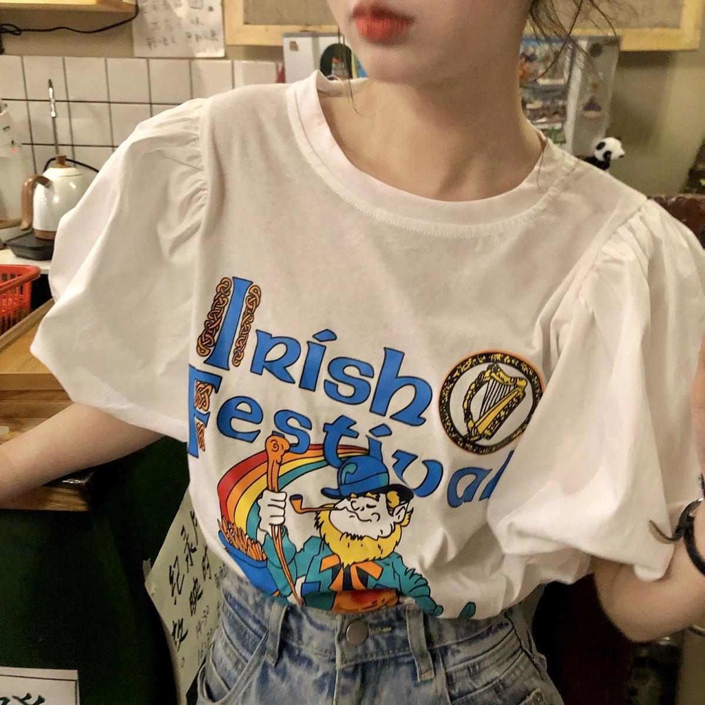 Áo thun tay ngắn màu trắng dáng rộng phong cách Hàn Quốc thời trang cho nữ