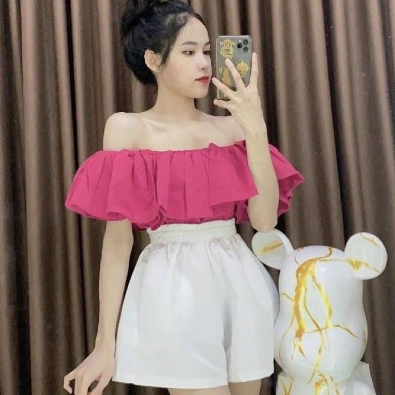 Áo croptop trễ vai tay phồng 2 lớp nhún lưng ôm dáng bánh bèo