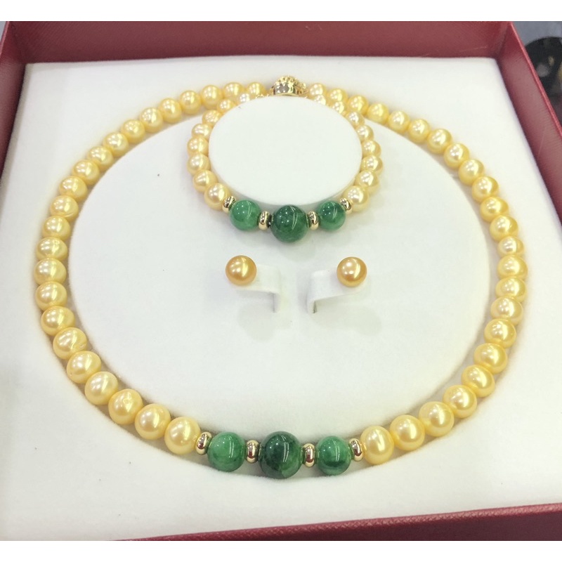 Bộ Trang Sức Hạt Ngọc Trai Vàng 9ly Mix Đá Xanh Sang Trọng Dự Tiệc, Quà Tặng - Ngọc Trai Trường Thịnh