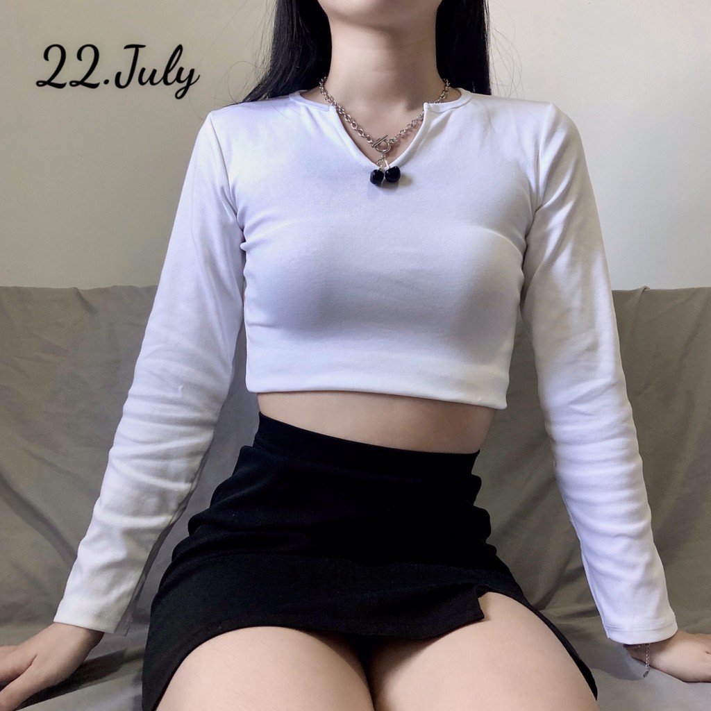 Áo croptop cổ V tay dài sexy nhẹ nhẹ, vải đẹp mịn, co giản tốtHình thật tại shop 22.July