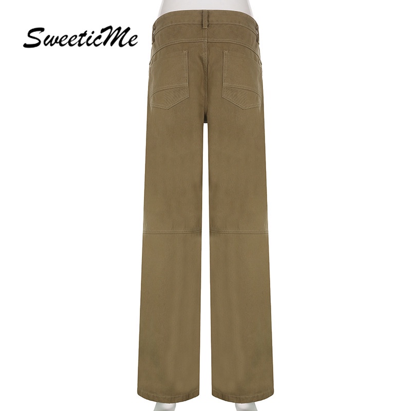 Quần Jean Lưng Thấp Ống Suông Xẻ Tà Màu Trơn Phong Cách Ngọt Ngào Thời Trang Cho Nữ