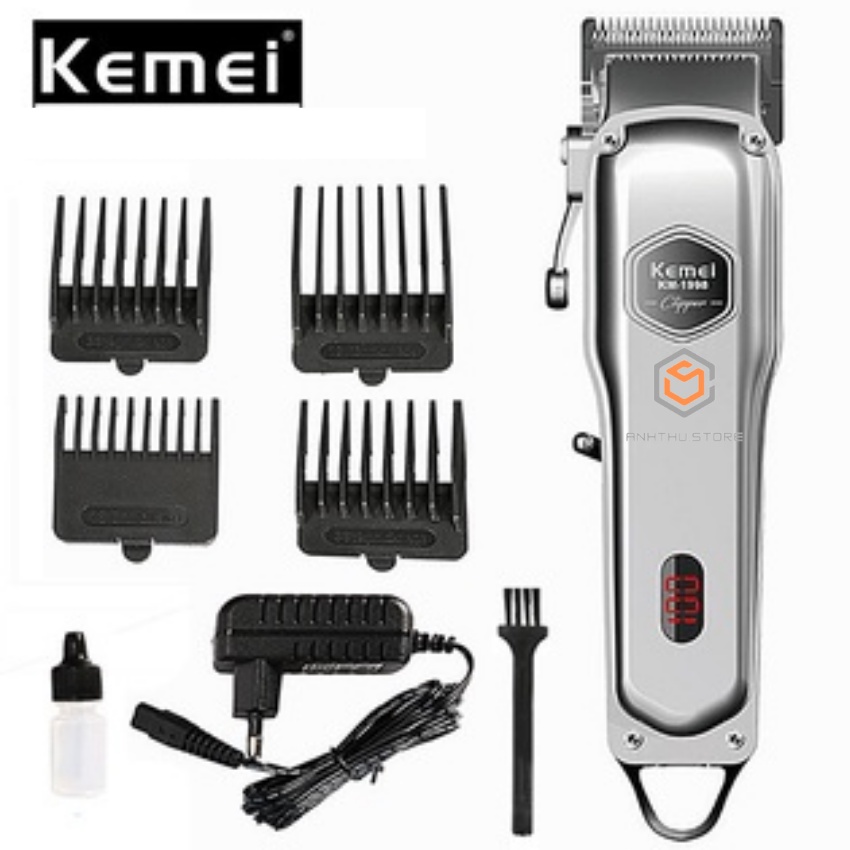 Tăng Đơ Kemei 1998,Tông Đơ Kemei 1998 Thân Nhôm Nguyên Khối,Pin Lithium 1000mah Tặng Bộ 4 Cữ, Màn Hì