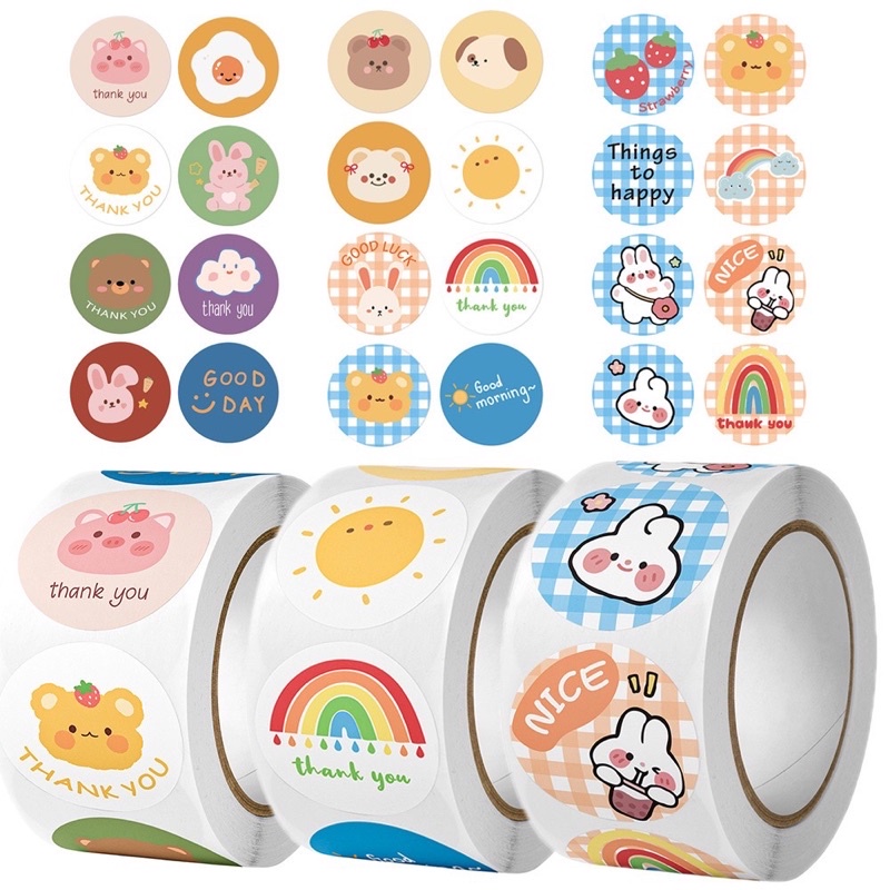 Cuộn 500 sticker dán kích thước 1 inch mẫu ngộ nghĩnh