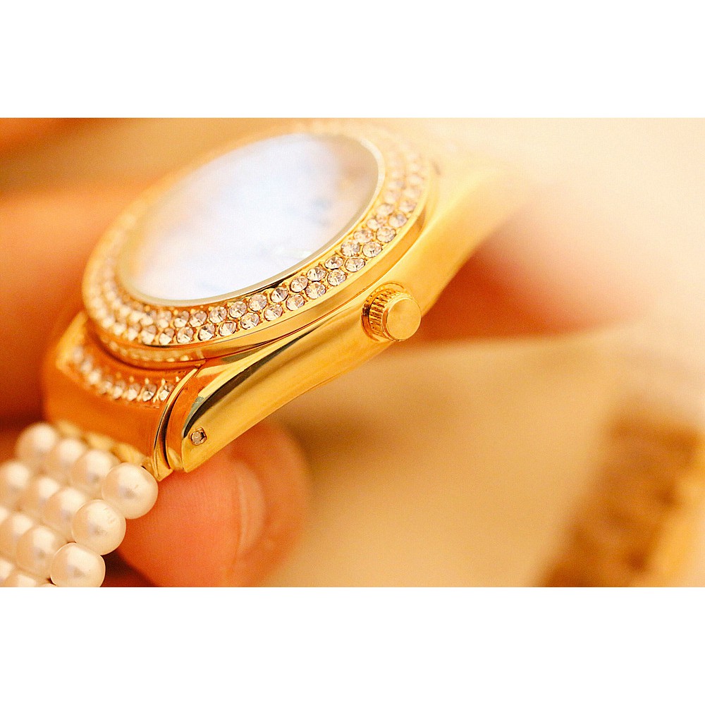 Đồng hồ nữ chính hàng Bee Sister cao cấp, dây ngọc trai và viền vàng, đính đá lấp lánh như kim cương | BigBuy360 - bigbuy360.vn