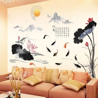 Decal dán tường sen cửu ngưu đá