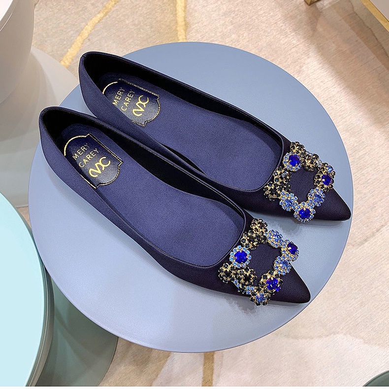 Giày Búp Bê Mũi Nhọn Bằng Satin Đính Đá Size 33-44 Thời Trang Cho Cô Dâu