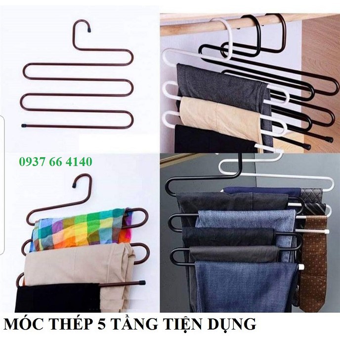 [ 02 cái ] móc treo quần áo 5 tầng đa năng 37cm - móc thép không gỉ treo đồ tiện dụng