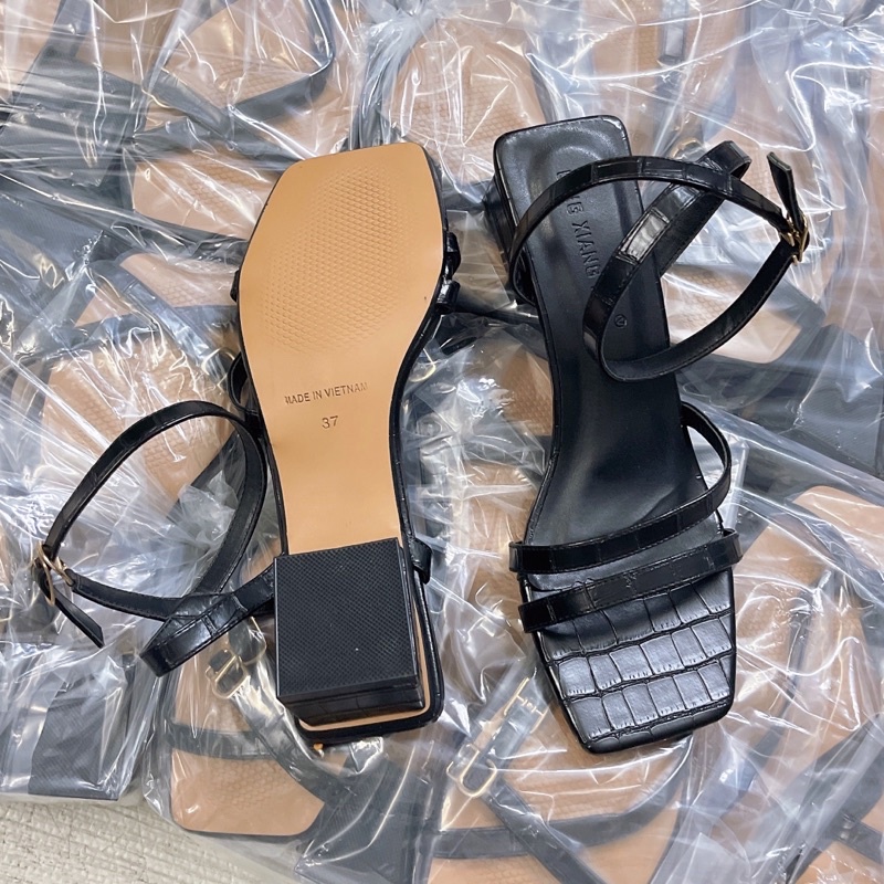 Sandal 2 quai mảnh da rắn gót vuông 3p và 5p vnxk ( loại 1)